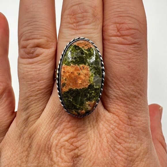 Genuine unakite jasper cabochon ring in solid Sterling silver! - Picture 8 of 11